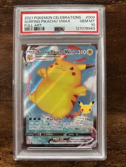 2021 POKEMON CELEBRATIONS #009 FULL ART/SURFING PIKACHU VMAX PSA 10 - Image 1
