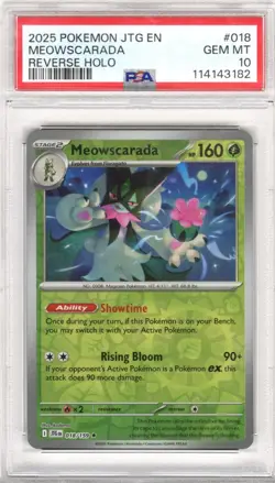 2025 Pokemon JTG EN Meowscarada Reverse Holo #018 PSA GEM MT 10 - Image 1