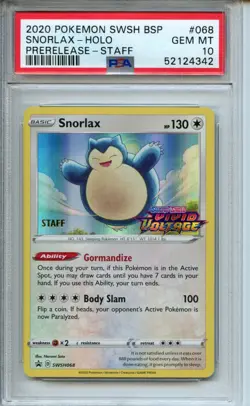 2020 Pokemon Swsh Black Star Promo #068 Snorlax Holo Prerelease Staff PSA 10 - Image 1