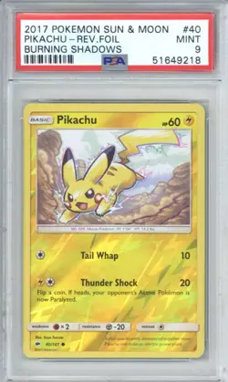 2017 Pokemon Sun & Moon 40 Pikachu Reverse Foil Burning Shadows PSA 9 - Image 1
