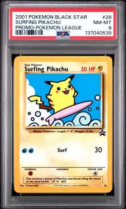 2001 POKEMON PROMO BLACK STAR POKEMON LEAGUE #28 SURFING PIKACHU PSA 8 - Image 1