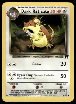 Pokemon Cards Dark Raticate 51/82 UNLIMITED Team Rocket WOTC Common LP - Image 1