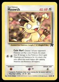 Pokemon Cards Meowth 62/82 UNLIMITED Team Rocket WOTC Common LP - Image 1