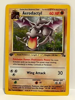 Vintage 1999 Pokemon TCG Fossil AERODACTYL HOLO Rare 1/62 MP 1st ED., PRERELEASE - Image 1