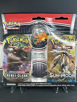 Pokemon Sword & Shield Rebel Clash and Sun & Moon Boosters W/ Charizard Pin 820650808142 - Image 1