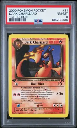 2000 POKEMON ROCKET 1ST ED #21 DARK CHARIZARD PSA 8 - Image 1