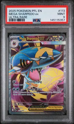 2025 POKEMON PFL EN-PHANTASMAL FLAMES ULTRA RARE #113 MEGA SHARPEDO EX PSA 9 - Image 1
