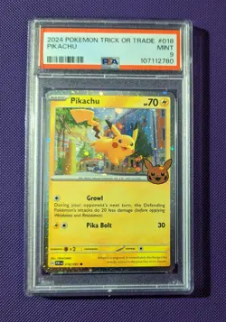 Pokemon TCG Pikachu 018/091 Trick or Trade 2024 PSA 9 Cosmos Holo Swirl - Image 1