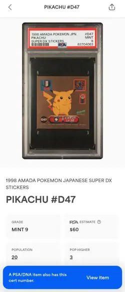1998 Amada Pokemon Japanese Pikachu Super DX D47 - PSA 9 - Image 3