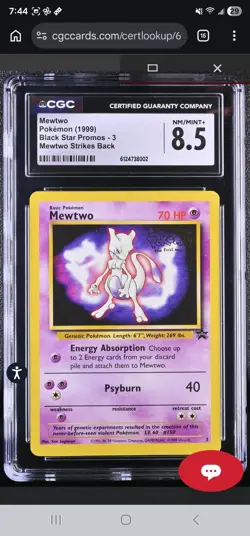 Mewtwo Pokemon 1999 Black Star Promos #3 Mewtwo Strikes Back WB Movie CGC 8.5 - Image 1