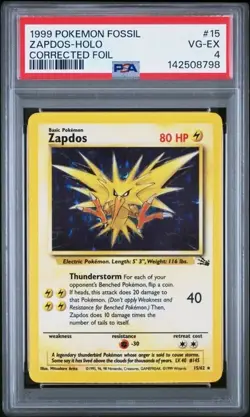 1999 POKEMON FOSSIL #15 ZAPDOS-HOLO CORRECTED FOIL PSA 4 - Image 1