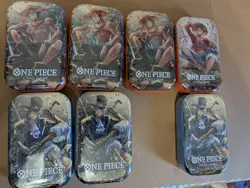 7x factory sealed One Piece collector mini Tins (2x dented & pictured) - Image 1