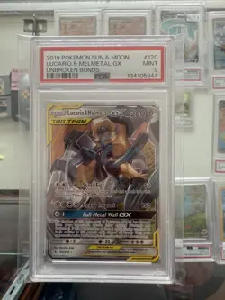 2019 POKEMON SUN & MOON UNBROKEN BONDS #120 LUCARIO & MELMETAL GX PSA 9 - Image 1