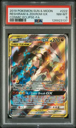 Reshiram & Zekrom GX Full Art Holo Card 222/236 Sm-Cosmic Eclipse PSA 8 - Image 1