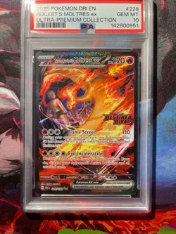 2025 POKEMON DESTINED RIVALS #229 TEAM ROCKET'S MOLTRES EX (STAMPED) UPC PSA 10 - Image 1
