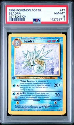 PSA 8 NM/MT 1999 POKEMON FOSSIL 42 SEADRA 1ST EDITION ENGLISH - Image 1