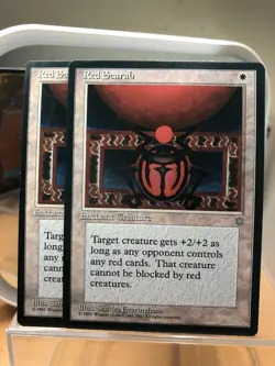 MtG card, 2x Red Scarab, Ice Age enchant creature - Image 1