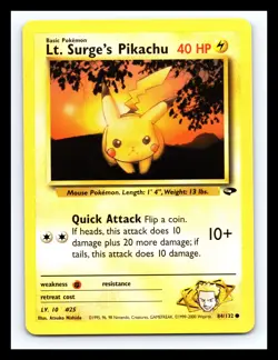💥 Lt. Surge’s PIkachu # 84/132 Gym Challenge WOTC Pokemon Vintage Non Holo - Image 1