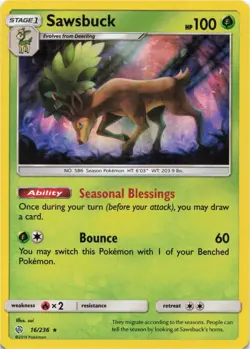Pokemon SAWSBUCK HOLO RARE COSMIC ECLIPSE 16/236 NM/Mint PACK FRESH - Image 1