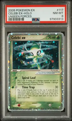 2005 POKEMON EX UNSEEN FORCES #117 CELEBI EX-HOLO PSA 8 *with guard* HEAD SWIRL! - Image 2