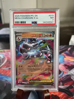 2025 Pokemon Phantasmal Flames Mega Charizard X ex #13 in a PSA 7! 💎😂 Bid Now! - Image 1