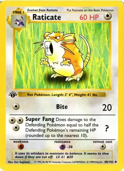 Pokemon TCG Raticate 40/102 Base Set Shadowless 1st Edition LP - Image 1