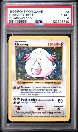 1999 POKEMON BASE SET SHADOWLESS #3 CHANSEY-HOLO PSA 6 - Image 1
