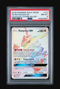 PSA 8 NM-MT Rayquaza GX 177/168 Secret Rare 2018 Celestial Storm Pokemon Card - Image 1