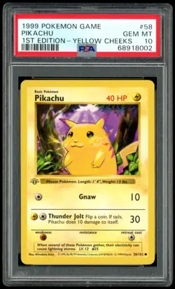 1999 Pokemon Game #58 Pikachu 1st Edition Yellow Cheeks PSA 10 Pop 552 - Image 1