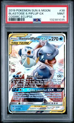 2019 POKEMON SUN & MOON COSMIC ECLIPSE #38 BLASTOISE & PIPLUP GX PSA 9 - Image 1