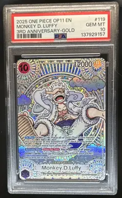 2025 One Piece 3rd Anniversary Gold Monkey D Luffy OP11 #OP05-119 PSA 10 GEM - Image 1
