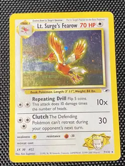Lt. Surge's Fearow Holo Swirl Rare 7/132 Pokemon Gym Heroes English WOTC LP - Image 1