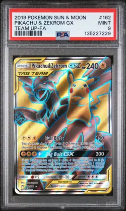 Pikachu & Zekrom Gx Full Art Pokemon Sun & Moon Team Up 162/181 PSA 9 - Image 1