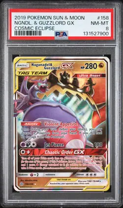 2019 POKEMON SUN & MOON COSMIC ECLIPSE #158 NAGANADEL & GUZZLORD GX PSA 8 - Image 1
