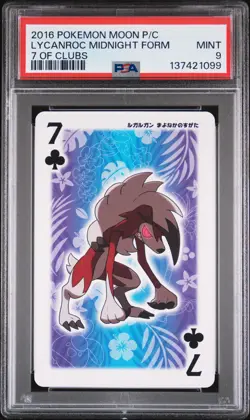 2016 POKEMON MOON PLAYING CARDS 7 OF CLUBS LYCANROC MIDNIGHT FORM PSA 9 - Image 1