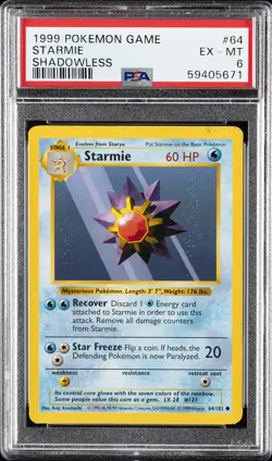 1999 POKEMON BASE SET SHADOWLESS #64 STARMIE PSA 6 - Image 1