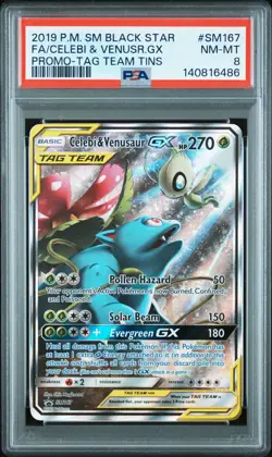 2019 POKEMON SM BLACK STAR PROMO #SM167 FULL ART/CELEBI & VENUSAUR GX PSA 8 - Image 1