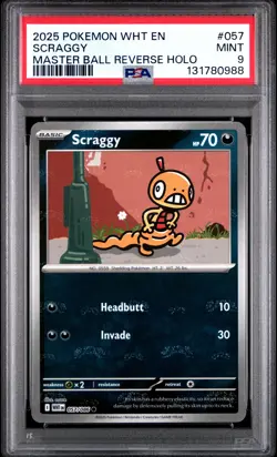2025 POKEMON WHT EN-WHITE FLARE MASTER BALL REVERSE HOLO #057 SCRAGGY PSA 9 - Image 1