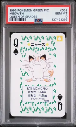 1996 POKEMON GREEN VERSION PLAYING CARDS QUEEN OF SPADES #052 MEOWTH PSA 10 - Image 1