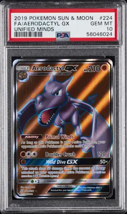 2019 POKEMON SUN & MOON UNIFIED MINDS #224 FULL ART/AERODACTYL GX PSA 10 - Image 1
