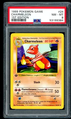 POKEMON GAME BASE SET SHADOWLESS 1999 CHARMELEON 1ST EDITION #24 PSA 8 - Image 1