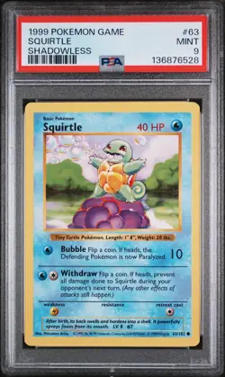 1999 POKEMON BASE SET SHADOWLESS #63 SQUIRTLE PSA 9 - Image 1