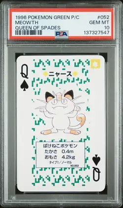 1996 POKEMON GREEN VERSION PLAYING CARDS QUEEN OF SPADES #052 MEOWTH PSA 10 - Image 1