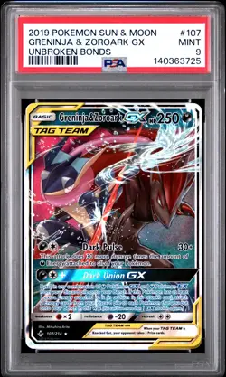 2019 POKEMON SUN & MOON UNBROKEN BONDS #107 GRENINJA & ZOROARK GX PSA 9 - Image 1