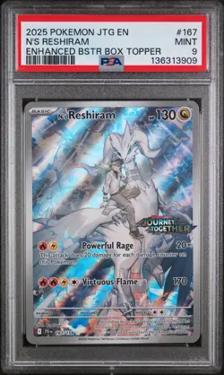 2025 POKEMON JTG ENHANCED BOOSTER BOX TOPPER #167 N'S RESHIRAM PSA 9 - Image 1