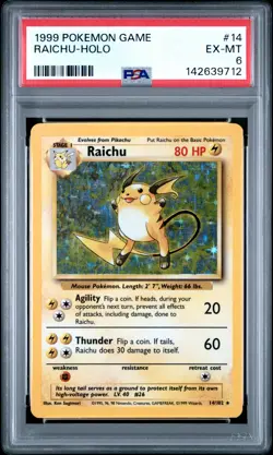 1999 POKEMON BASE SET UNLIMITED #14 RAICHU-HOLO PSA 6 - Image 1