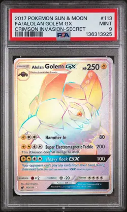 2017 POKEMON SUN & MOON CRIMSON INVASION SECRET FULL ART/ALOLAN GOLEM GX PSA 9 - Image 1