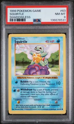 1999 POKEMON BASE SET SHADOWLESS #63 SQUIRTLE PSA 8 - Image 1