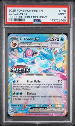 2025 POKEMON PRE EN-PRISMATIC EVOLUTIONS SURPRISE BOX EXCLUSIVE GLACEON EX PSA 9 - Image 1
