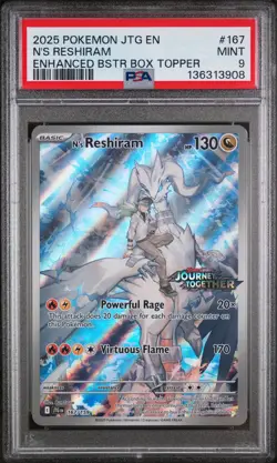 2025 POKEMON JTG ENHANCED BOOSTER BOX TOPPER #167 N'S RESHIRAM PSA 9 - Image 1